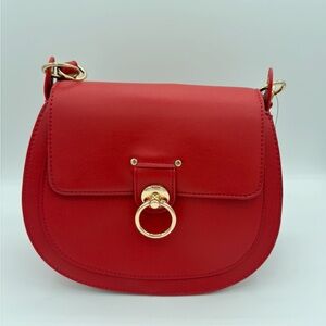 Badgley Mischka Red Saddle Bag Purse Gold Accents Vegan Leather MSRP $129 NWT